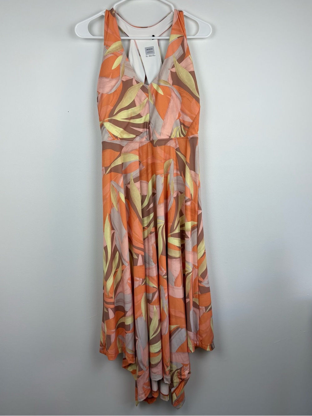 PrAna Saxon Dress XL Orange Leaf Print Asymmetrical Midi EUC Tropical Coastal - Picture 3 of 12